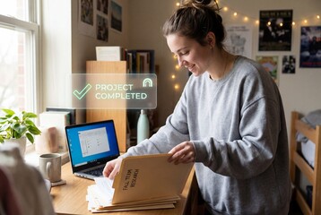 Female student holding fall term research folder with project completed interface