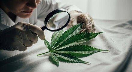 A scientist examines a green cannabis leaf with a magnifying glass, focus on detail