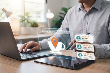 Digital marketer managing local business reviews and online reputation using a tablet interface