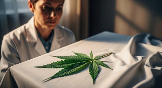 A scientist examines a cannabis leaf on a pristine white surface, under soft light - Powered by Adobe