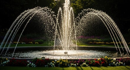 A sunlit, tiered fountain arches water into a pool, framed by vibrant flowers & green grass