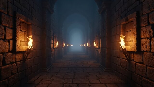 A stone arched corridor with lit torches. The end fades into mist, creating an eerie atmosphere - Powered by Adobe