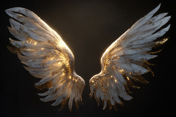 Majestic angel wings with golden, sparkling accents and damaged feathers on a dark, mysterious background. Fantasy art.