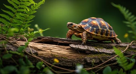 A tortoise traverses a mossy log amidst lush green foliage
