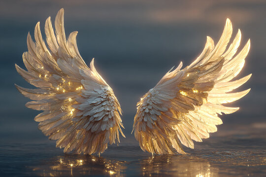 Pair of luminous, golden-white angel wings with damaged feathers seemingly mended or highlighted by glowing, internal light.
