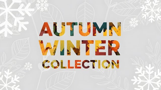 Autumn winter collection text design with seasonal foliage texture and snowflakes overlay, isolated on white background - Powered by Adobe