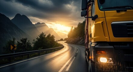 A yellow truck navigates a winding road through mountains at sunset, dramatic sky
