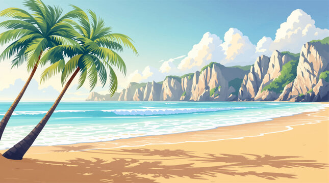 Tropical paradise beach with palm trees and rocky cliffs. Sunny island coastline with turquoise sea and white sand. Exotic summer beach landscape with coconut palms