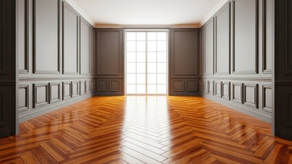 Obraz premium An empty room with polished wood floors, gray panel walls, and a large window