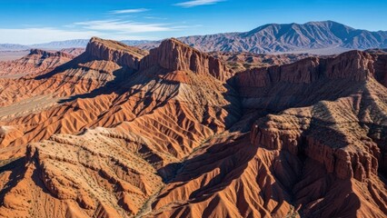 Aerial view of a vast, red rock desert landscape under a clear blue sky, with mountains