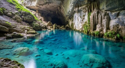 Crystal clear water in a serene cave