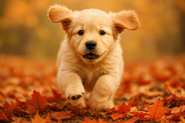 playful golden retriever puppy running through colorful autumn leaves in vibrant seasonal outdoor scene