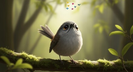 Cute bird perched on mossy branch looking up at colorful shapes