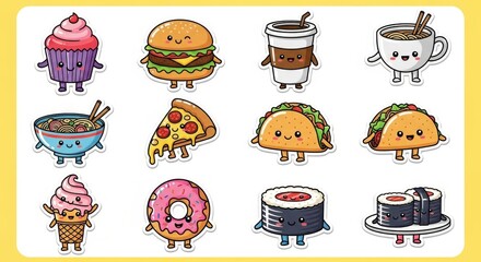 Cute cartoon food character sticker sheet