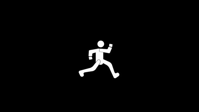 White running stick figure icon on a black background runner person
