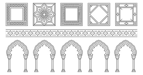 Islamic Architectural Frames and Geometric Borders, a detailed vector collection featuring Islamic patterns, geometric shapes, decorative arches