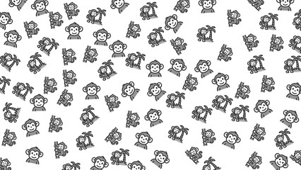 Monkey doodle art with cartoon monkeys and palm trees, creating a playful pattern. Ideal for childrens illustrations, apparel, and products.