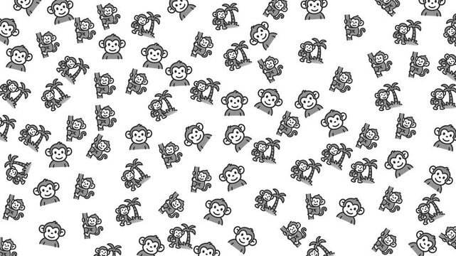 Monkey doodle art creates a playful pattern of cartoon monkeys and palm trees.