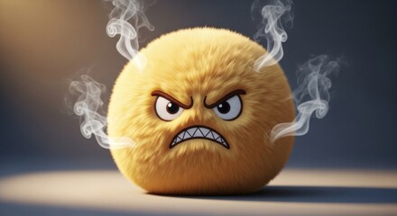 Furious fluffy ball emitting smoke with an angry expression