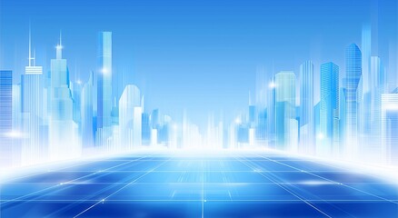 Futuristic cityscape with glowing skyscrapers and digital grid road under a bright blue sky