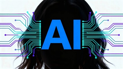 Silhouette of a person with AI text and circuit patterns overlaying the head, symbolizing artificial intelligence and technology integration.