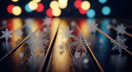 Close-up of snowflakes on a wooden surface, blurred colorful lights background