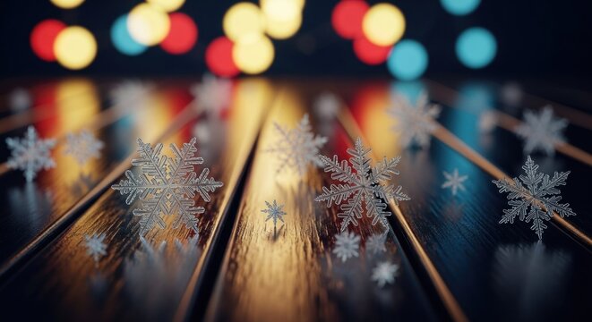 Close-up of snowflakes on a wooden surface, blurred colorful lights background - Powered by Adobe