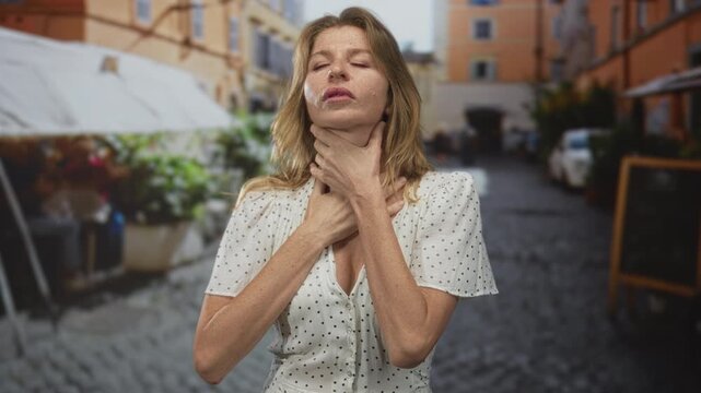 Woman grasping neck with both hands on street, head tilted back and eyes closed in gasping pose; panic choking.