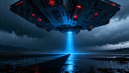 A large alien spacecraft hovers over a rainy landscape, emitting a bright blue beam of light onto the wet ground below.