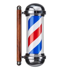Barber shop pole with red, white, and blue stripes and a wooden handle against a white backdrop