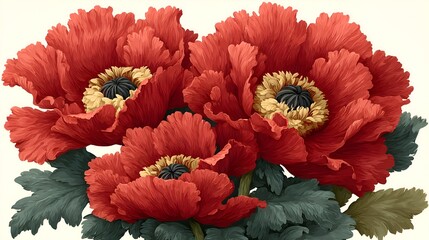 Three beautiful red poppies with yellow centers and green leaves are depicted in a detailed artistic floral botanical illustration.