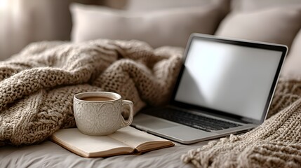 A cozy scene depicts a laptop, open book, and cup of coffee arranged on a bed with a soft blanket, creating a relaxing atmosphere.