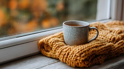 Cozy speckled mug sits on a mustard-colored knit blanket on a ill with autumn leaves blurred in the background of the window view.