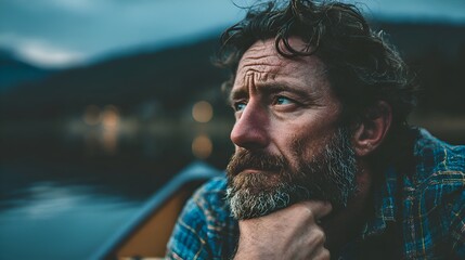 A contemplative man with a beard gazes thoughtfully into the distance while sitting near a tranquil lake at twilight in the wilderness.
