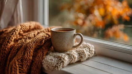 A warm cup of coffee sits on a knitted blanket by a window with autumn leaves visible outside, creating a cozy, relaxing fall scene.