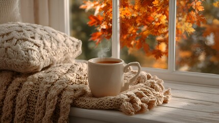 A cozy mug of hot tea sits on a knitted blanket near a window with colorful autumn leaves creating a warm and inviting seasonal scene.