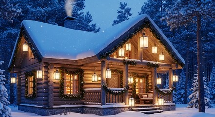 Cozy log cabin decorated for Christmas, covered in snow with glowing lights.