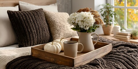 Cozy autumn morning on bed with tray featu coffee, decorative pumpkins, and a vase of flowers by the window in warm home interior decor.