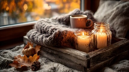 Cozy autumn scene with candles and coffee set on a wooden tray next to a window with fall foliage creating a warm and relaxing atmosphere.