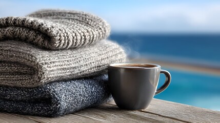 A steaming coffee cup sits beside a cozy stack of knitted sweaters, overlooking a scenic ocean view on a rustic wooden surface outdoors.