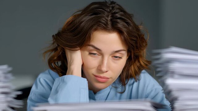 Overworked stressed office paperwork deadline woman tired business work people bored office woman paperwork fatigue stress procrastination workplace deadline distraction burnout desk pensive woman