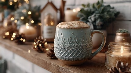 A cozy winter scene shows a ceramic mug of foamy coffee amidst pinecones, candles, and soft lights for a relaxing holiday atmosphere.