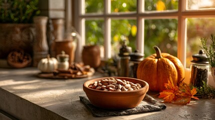 Fototapeta premium Autumn sunlight streams into a cozy kitchen highlighting a bowl of beans, pumpkins, spices, and gourds arranged beautifully on the counter.