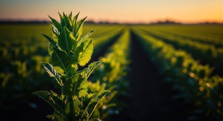 Green plant in focus with rows of crops receding into the blurry horizon at sunset