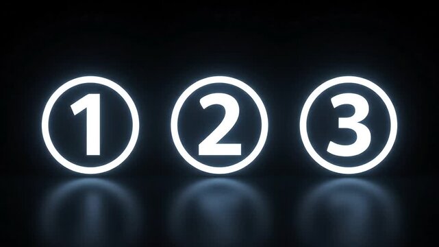 Three glowing neon numbers one two three on a dark background representing steps or progress
