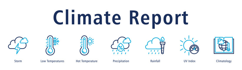 Climate Report web banner icon vector illustration with icons of Storm, Low Temperatures, Hot Temperature, Precipitation, Rainfall, UV Index, and Climatology.