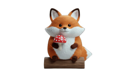 Cute Fox Holding Mushroom on Log - Isolated