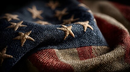 A close up image shows the stars and stripes of a weathered and textured fabric American flag with a vintage look and feel to it.