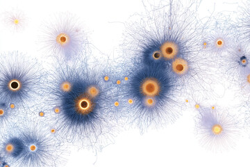Abstract blue and orange microscopic particles radiating spiky tendrils, creating a glowing, dynamic, galaxy-like pattern on white. Science, bio-art.