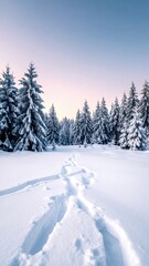 Fototapeta premium Winter Wonderland Path Through Snow-Covered Forest at Sunset.